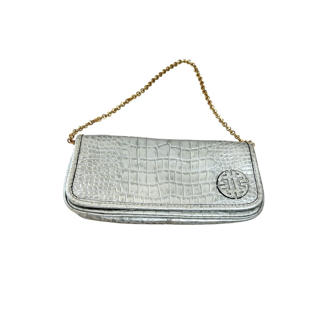 Antonio Melani Silver Handbag Leather Croc Embossed Metallic Maximalist